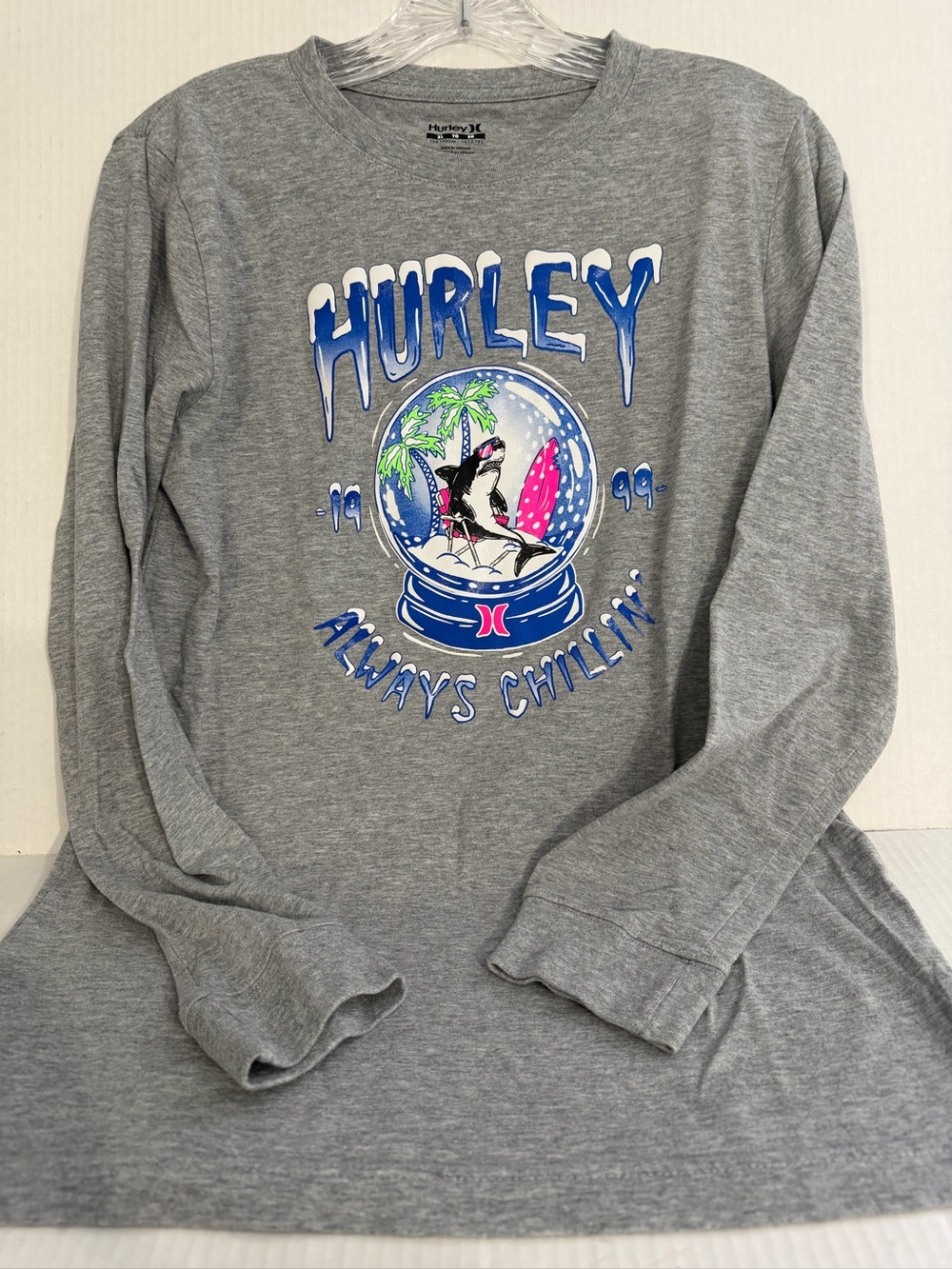 Hurley Gray Long Sleeve Tee with Blue and Pink Graphic